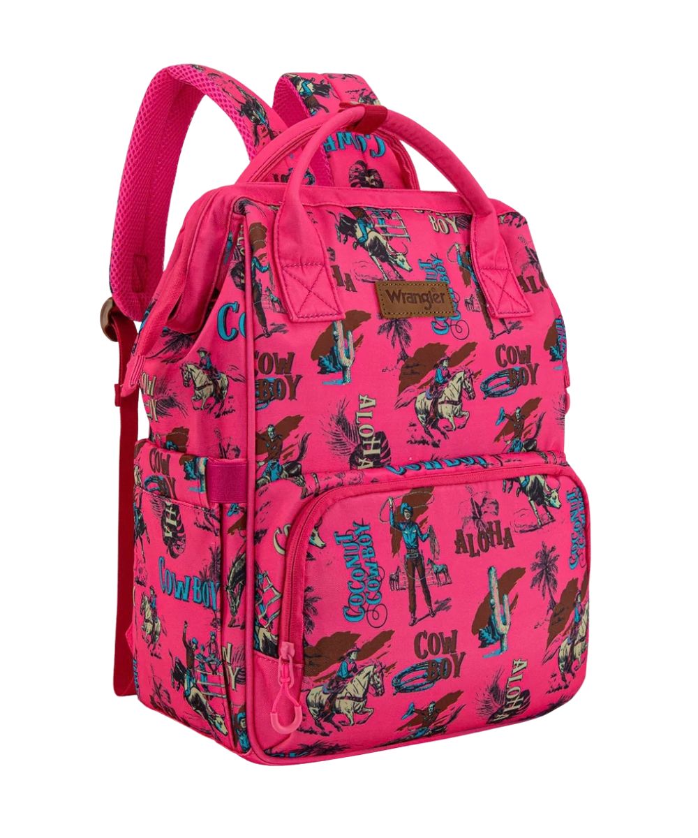 Front view of the women's dark pink Wrangler backpack featuring the coconut cowboy pattern printed canvas, top carry handle, front zipper pocket, and side pockets