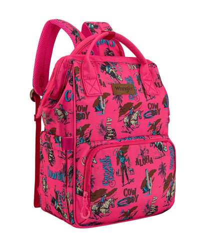 Front view of the women's dark pink Wrangler backpack featuring the coconut cowboy pattern printed canvas, top carry handle, front zipper pocket, and side pockets