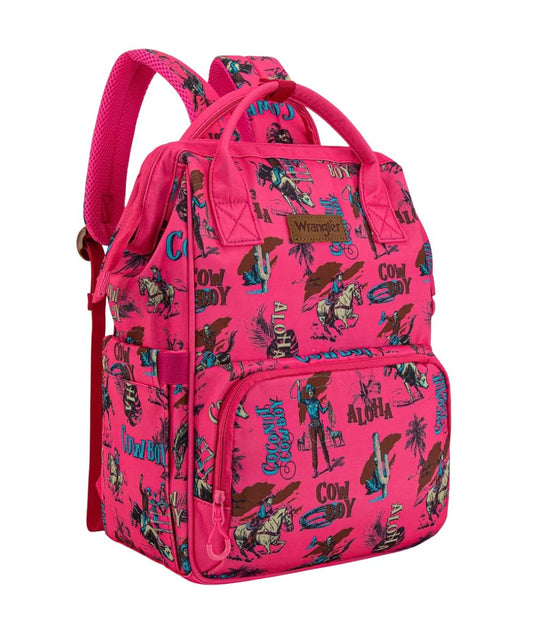 Front view of the women's dark pink Wrangler backpack featuring the coconut cowboy pattern printed canvas, top carry handle, front zipper pocket, and side pockets