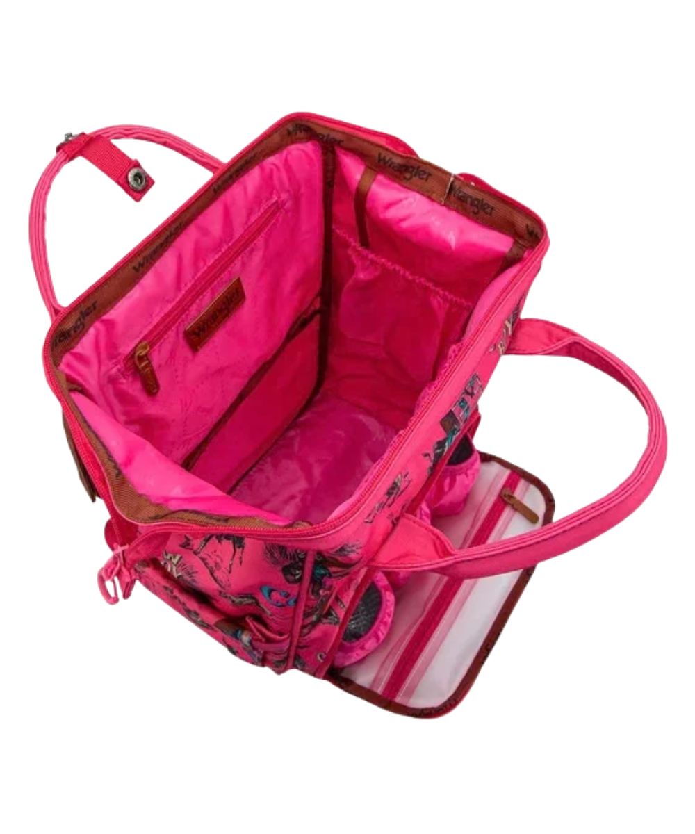 Interior view of the women's dark pink backpack/diaper bag featuring the zippered pocket and 2 open pockets