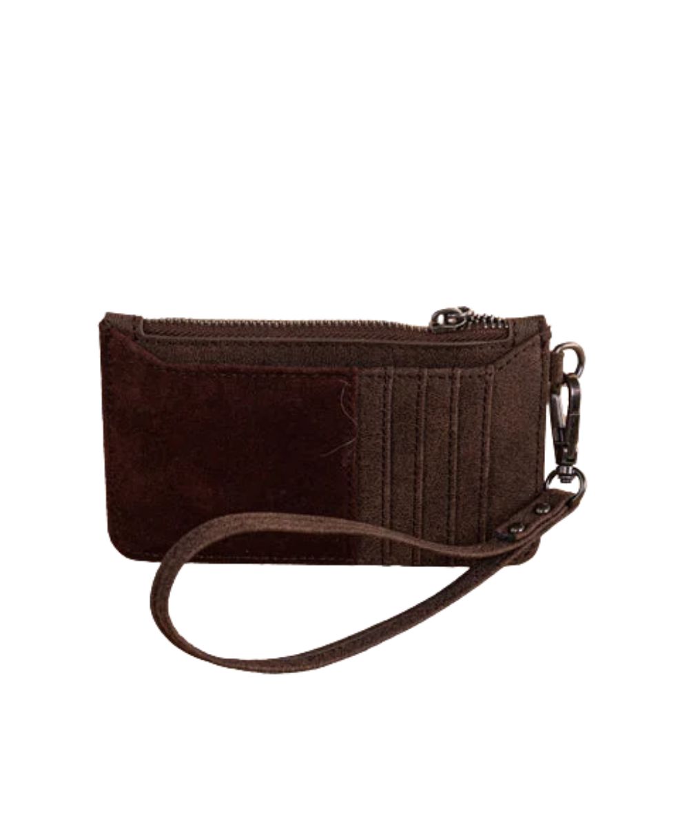 Back view of the women's coffee mini card case wallet featuring the 4 card slots on the back and the zip-top closure