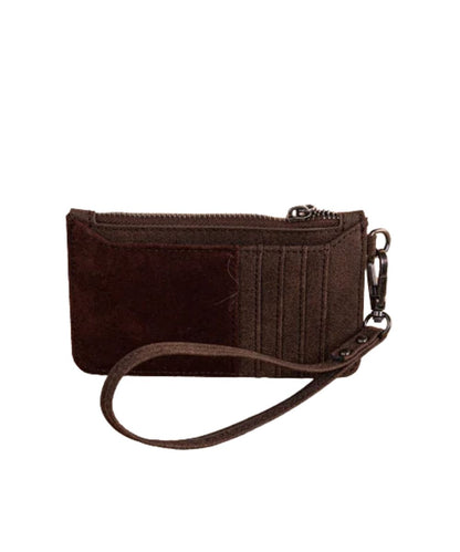 Back view of the women's coffee mini card case wallet featuring the 4 card slots on the back and the zip-top closure