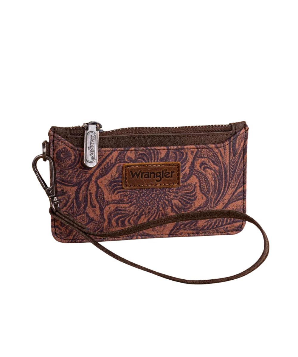 Front view of the women's coffee brown Wrangler mini card case wristlet featuring the Wrangler logo applique and open pocket on the front, floral velvet-like print, and the removable wristlet strap