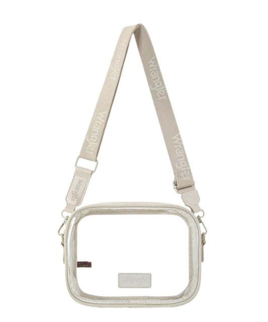 Front view of the women's clear and beige Montana West Wrangler crossbody stadium bag featuring the beige faux leather trim