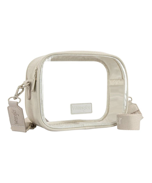 Side view of the women's clear and beige crossbody stadium bag featuring the clear body, the beige removable/adjustable crossbody strap, and zip closure