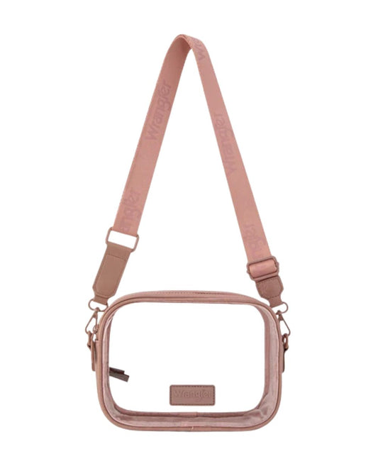 Front view of the women's Montana West Wrangler Clear PVC Crossbody Stadium Bag featuring the dark pink faux leather trim, and the removable/adjustable canvas dark pink crossbody strap