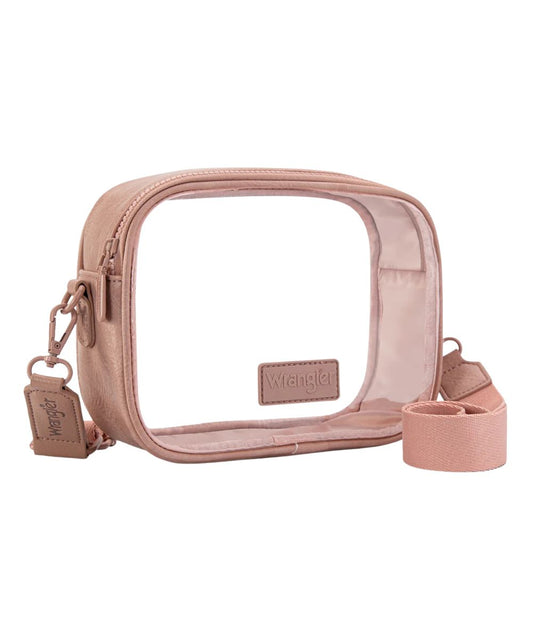 Side view of the women's clear stadium bag featuring the clear construction, zip closure, and 25" removable/adjustable crossbody strap