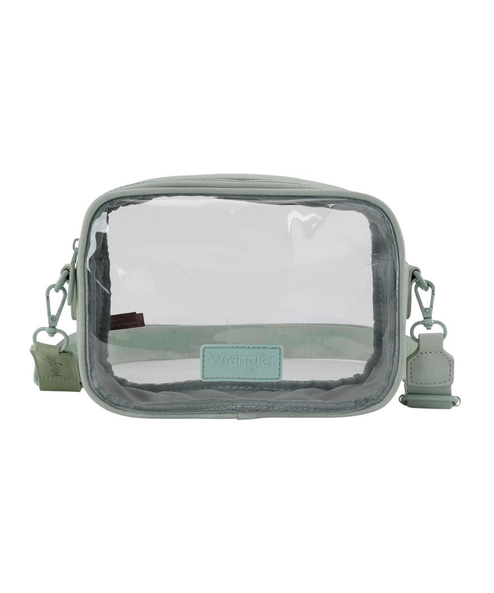 Front view of the women's Montana West Wrangler clear crossbody stadium bag featuring the faux leather green trim