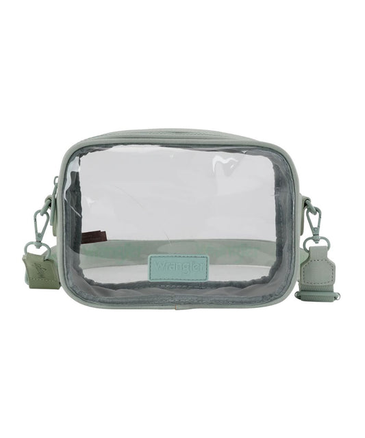 Front view of the women's Montana West Wrangler clear crossbody stadium bag featuring the faux leather green trim