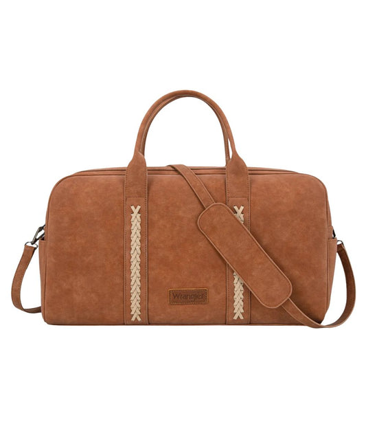 Front view of the women's faux leather brown Montana West Wrangler Whipstitch Duffle Bag featuring the whipstitch detailing on the front