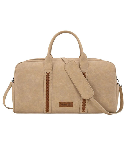 Front view of the women's Montana West Wrangler Tan Faux Leather Whipstitch Duffle Bag featuring the Wrangler logo and whipstitch detailing on the front