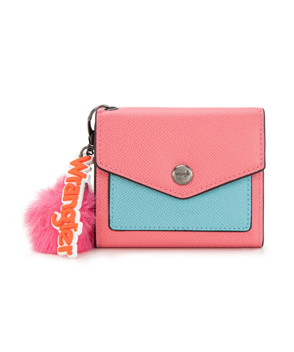 Montana West Wrangler Pink And Blue Tri Fold Wallet With Pink Pom Pom And Wrangler Keyring