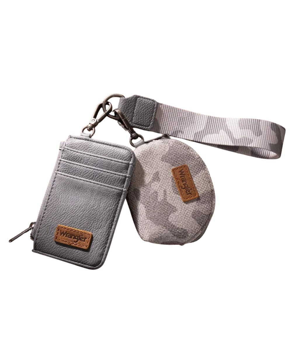 Wrangler Dual Pouch Wristlet set in grey camo featuring the square card case wallet and a semi-circular coin purse