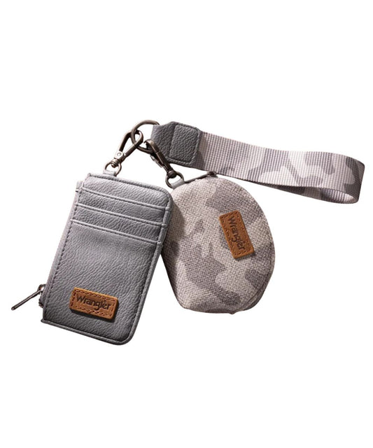 Wrangler Dual Pouch Wristlet set in grey camo featuring the square card case wallet and a semi-circular coin purse