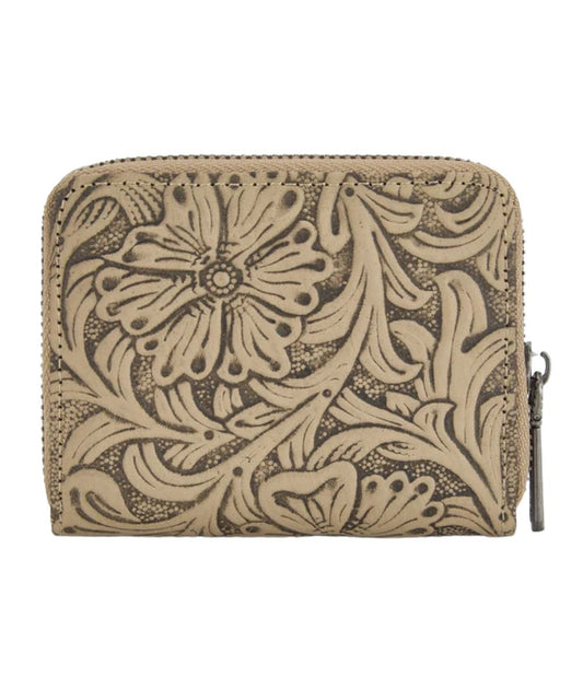 Back view of the women's khaki compact wallet featuring the floral tooling on genuine leather and the zip-around closure