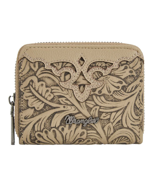 Front view of the women's khaki Montana West Wrangler compact zip-around floral tooled wallet