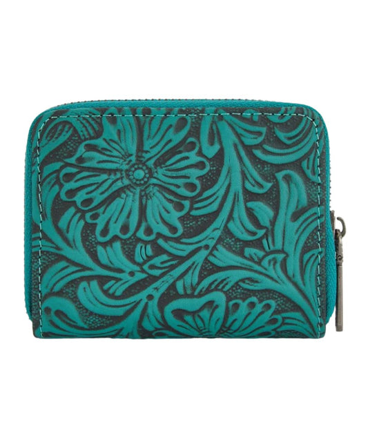 Back view of the women's turquoise compact wallet featuring the floral tooled design and zip-around closure