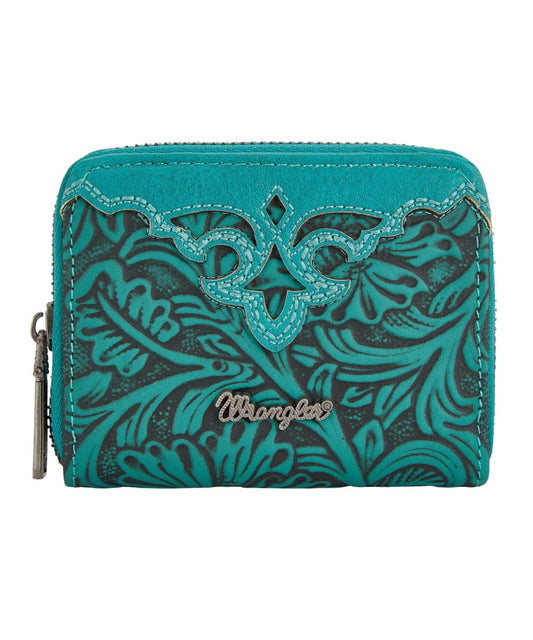 Front view of the women's turquoise compact Montana West Wrangler Zip-Around wallet featuring the floral tooling