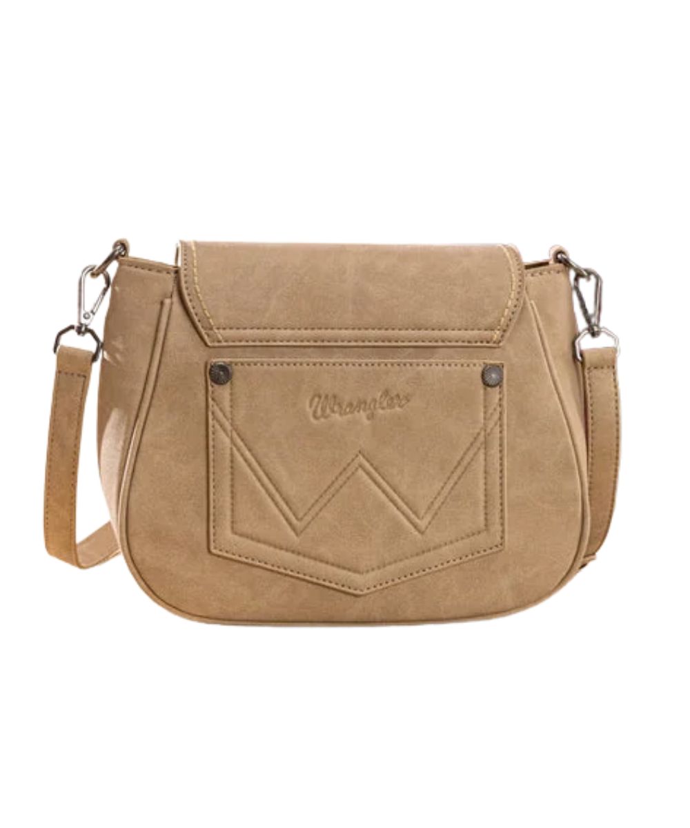 Back view of the women's tan crossbody bag featuring the exterior back slip pocket with logo embroidery