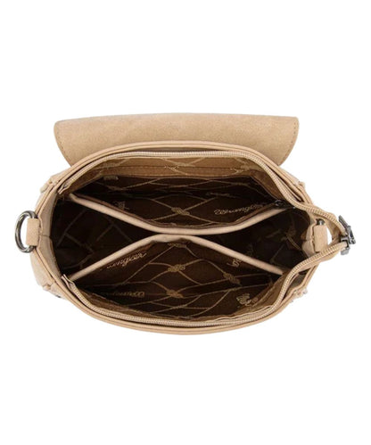 Interior view of the main compartment featuring the zipper closure under the flap, an interior zip pocket, and 2 open interior slip pockets