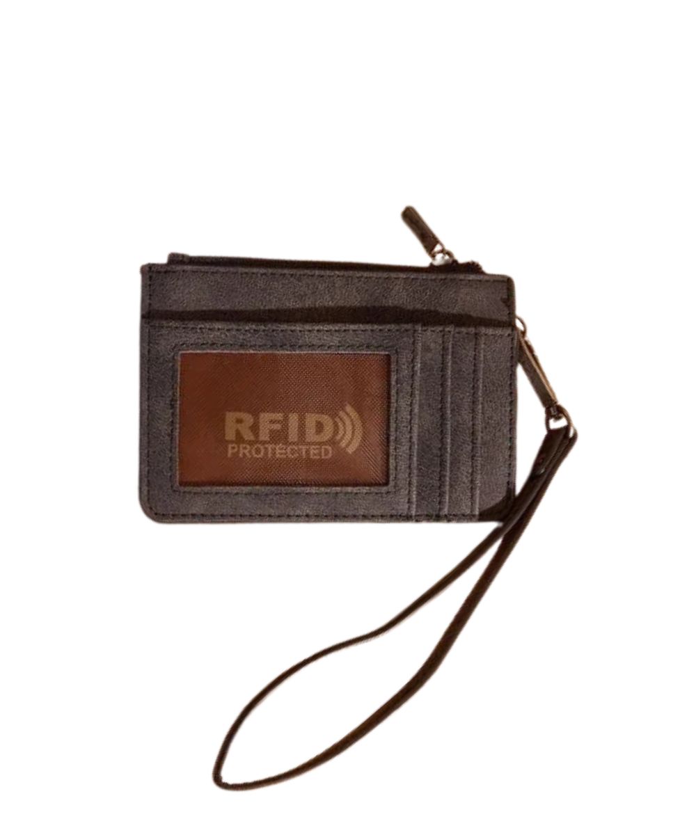 Back view of the women's black faux leather card case wallet featuring the RFID protection, ID window, multiple card slots, zipper closure, and a removable wristlet strap