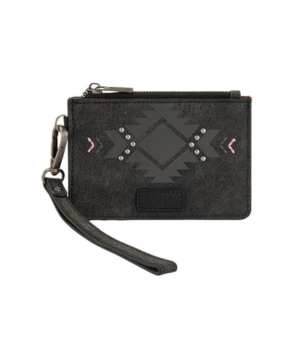 Front view of the women's black faux leather Wrangler card case wallet featuring the aztec design on the front with silver studs and pink accents, Wrangler logo patch, top zipper closure, and a removable wristlet strap