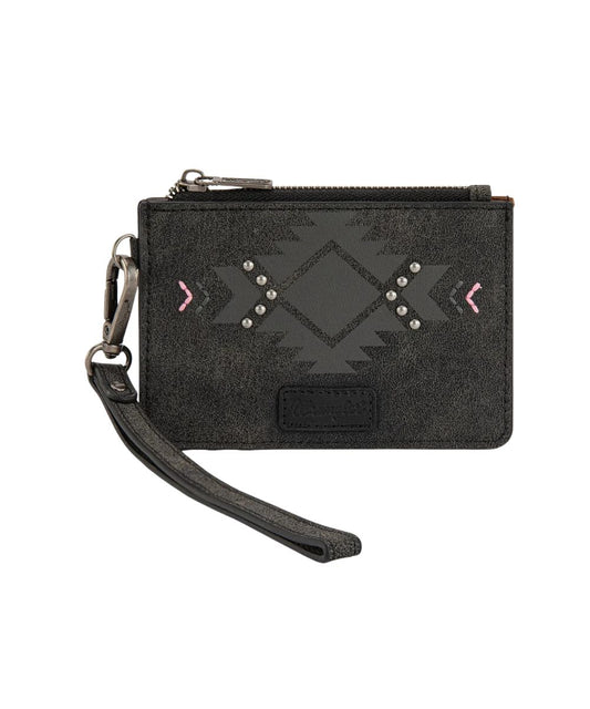 Front view of the women's black faux leather Wrangler card case wallet featuring the aztec design on the front with silver studs and pink accents, Wrangler logo patch, top zipper closure, and a removable wristlet strap