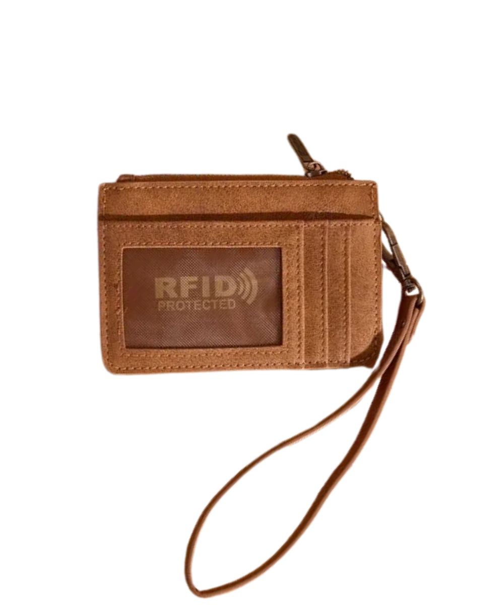 Back view of the women's brown faux leather card case wallet featuring RFID protection, ID window, multiple card slots, and a removable wristlet strap