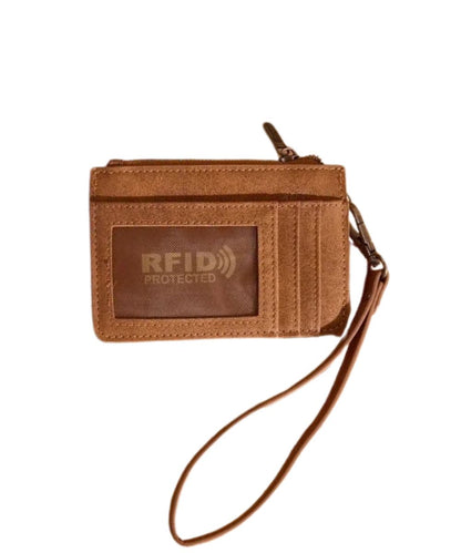 Back view of the women's brown faux leather card case wallet featuring RFID protection, ID window, multiple card slots, and a removable wristlet strap