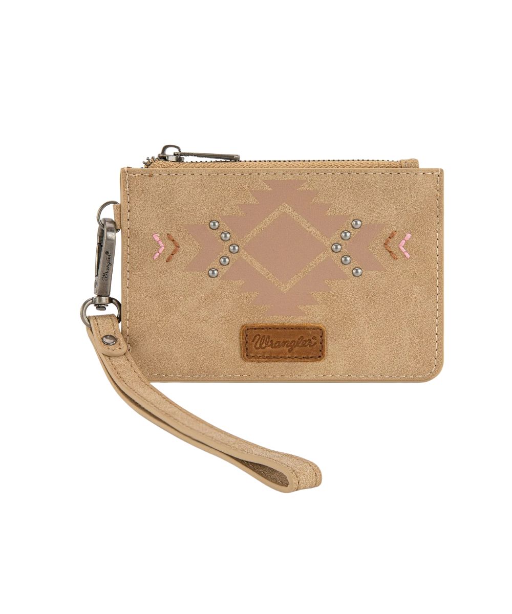 Front view of the women's tan faux leather wallet Wrangler card case wallet featuring the aztec design on the front with silver studs and pink accents, Wrangler logo patch, zipper closure, and a removable wristlet strap