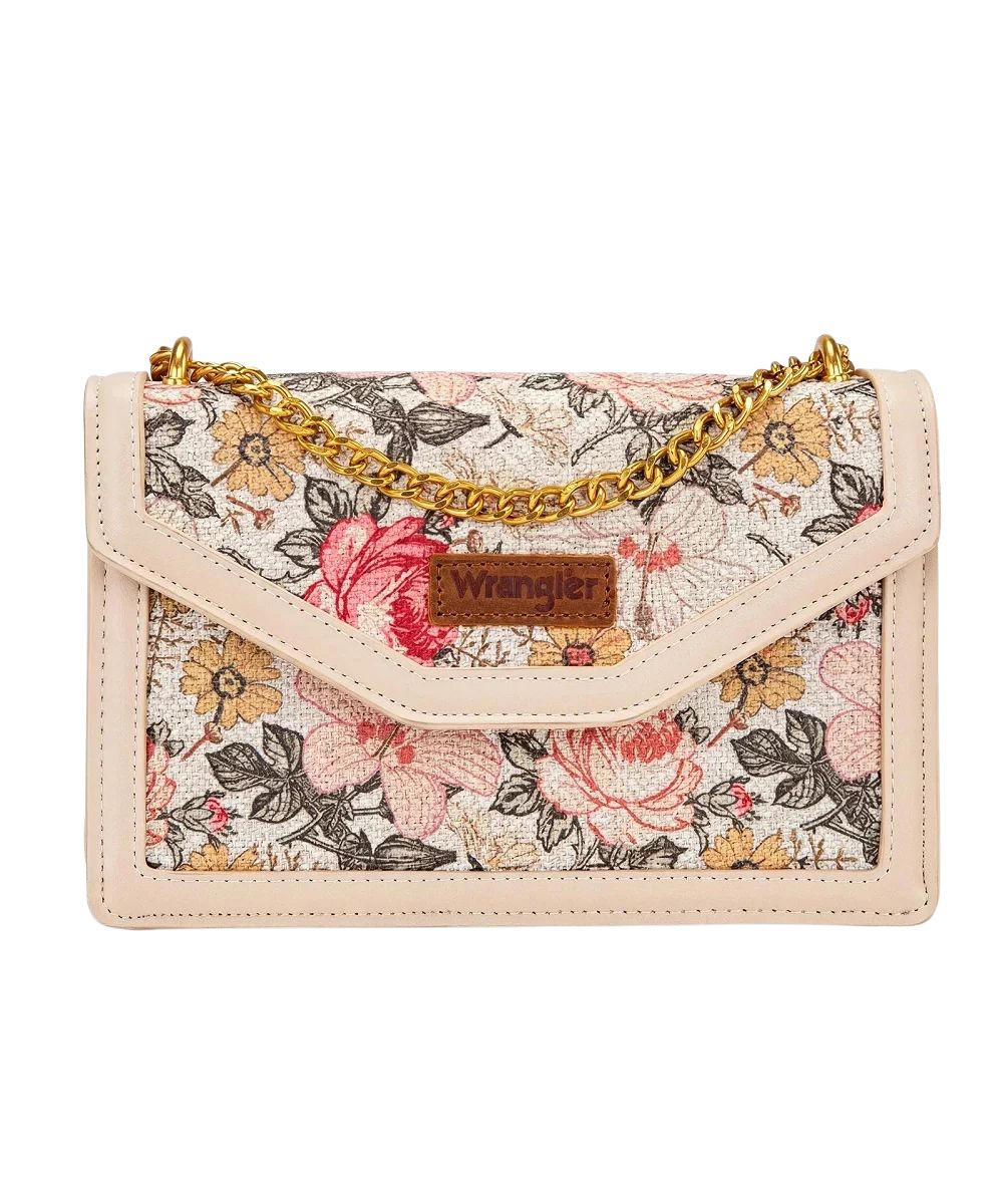 Front view of the women's tan floral Wrangler purse featuring the leather logo patch on the flap, floral printed canvas, and the two-tone gold chain crossbody strap