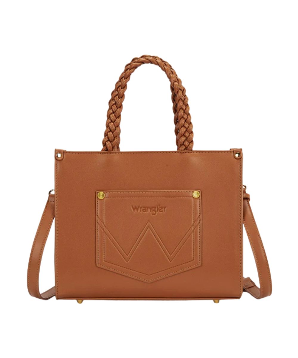 Back view of the women's brown tote/crossbody featuring a brown faux leather back with an open slip pocket