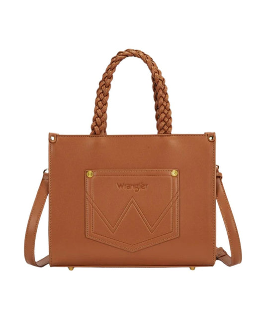 Back view of the women's brown tote/crossbody featuring a brown faux leather back with an open slip pocket