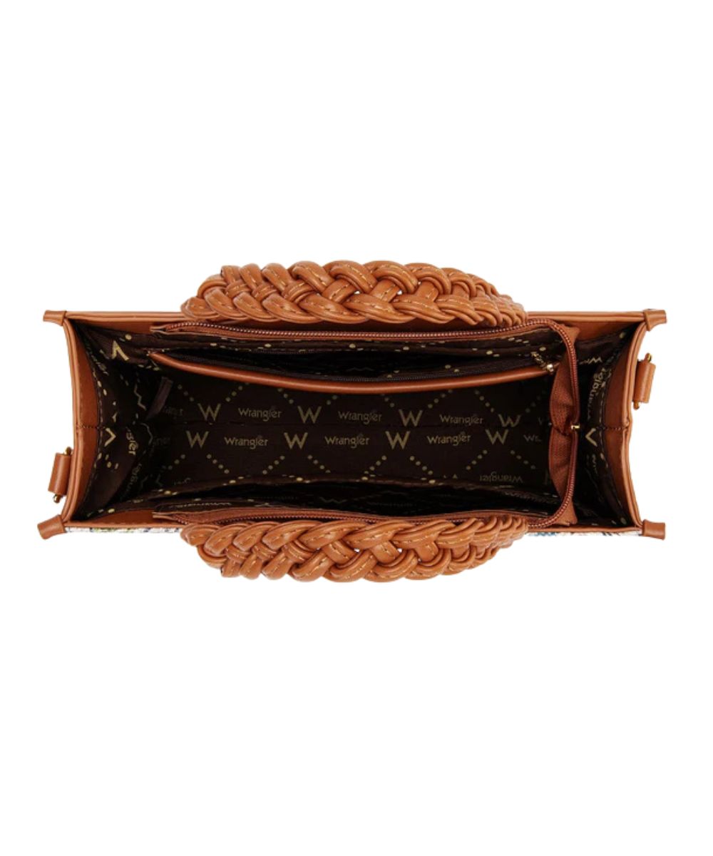 Interior view featuring a center zip pocket and 2 open slip pockets with braided top carry handles
