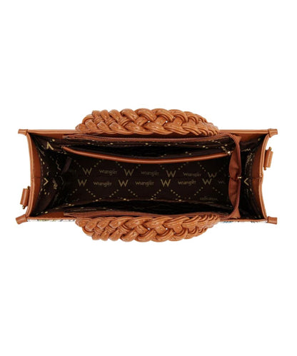 Interior view featuring a center zip pocket and 2 open slip pockets with braided top carry handles