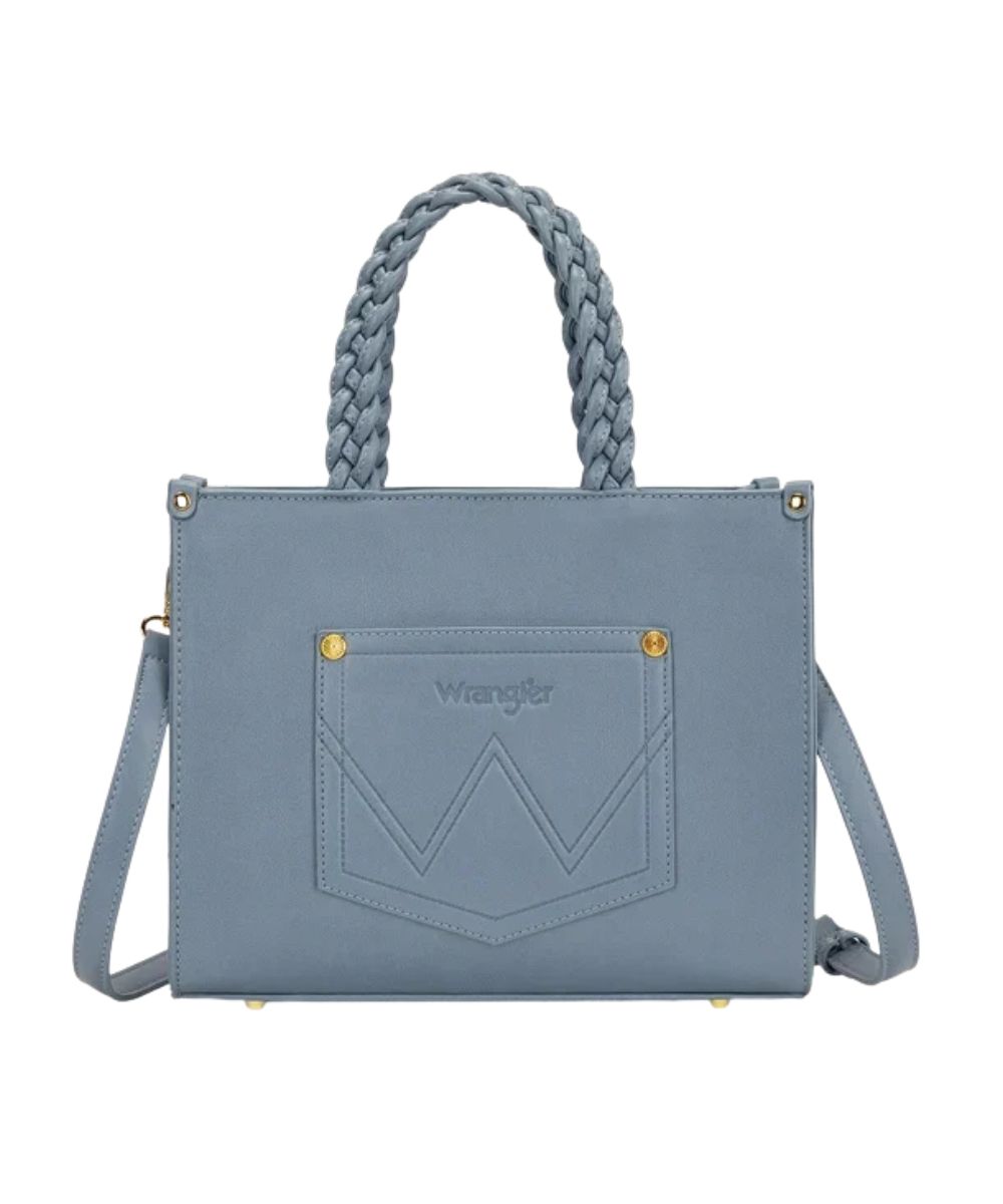 Back view of the open back slip pocket-design, solid light blue back side, and the removable/adjustable shoulder strap