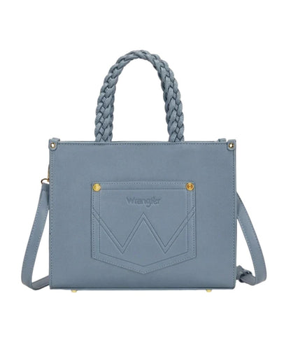 Back view of the open back slip pocket-design, solid light blue back side, and the removable/adjustable shoulder strap