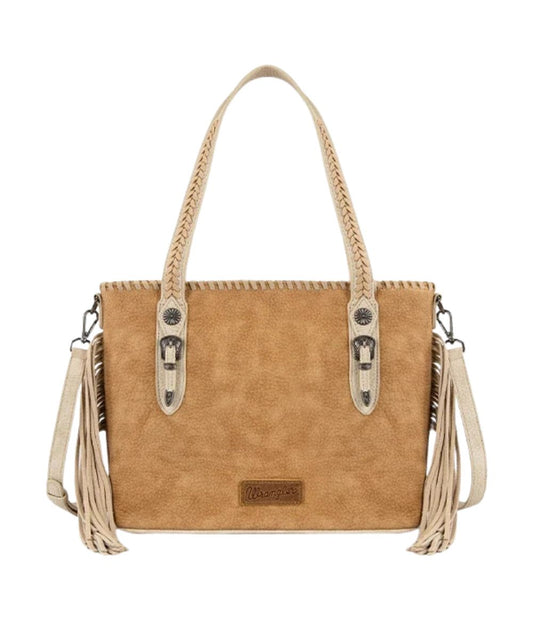 Front view of the women's faux leather tote Montana West Wrangler tote bag featuring the fringe tassels and concho detailing, braided handle, and removable/adjustable shoulder strap 