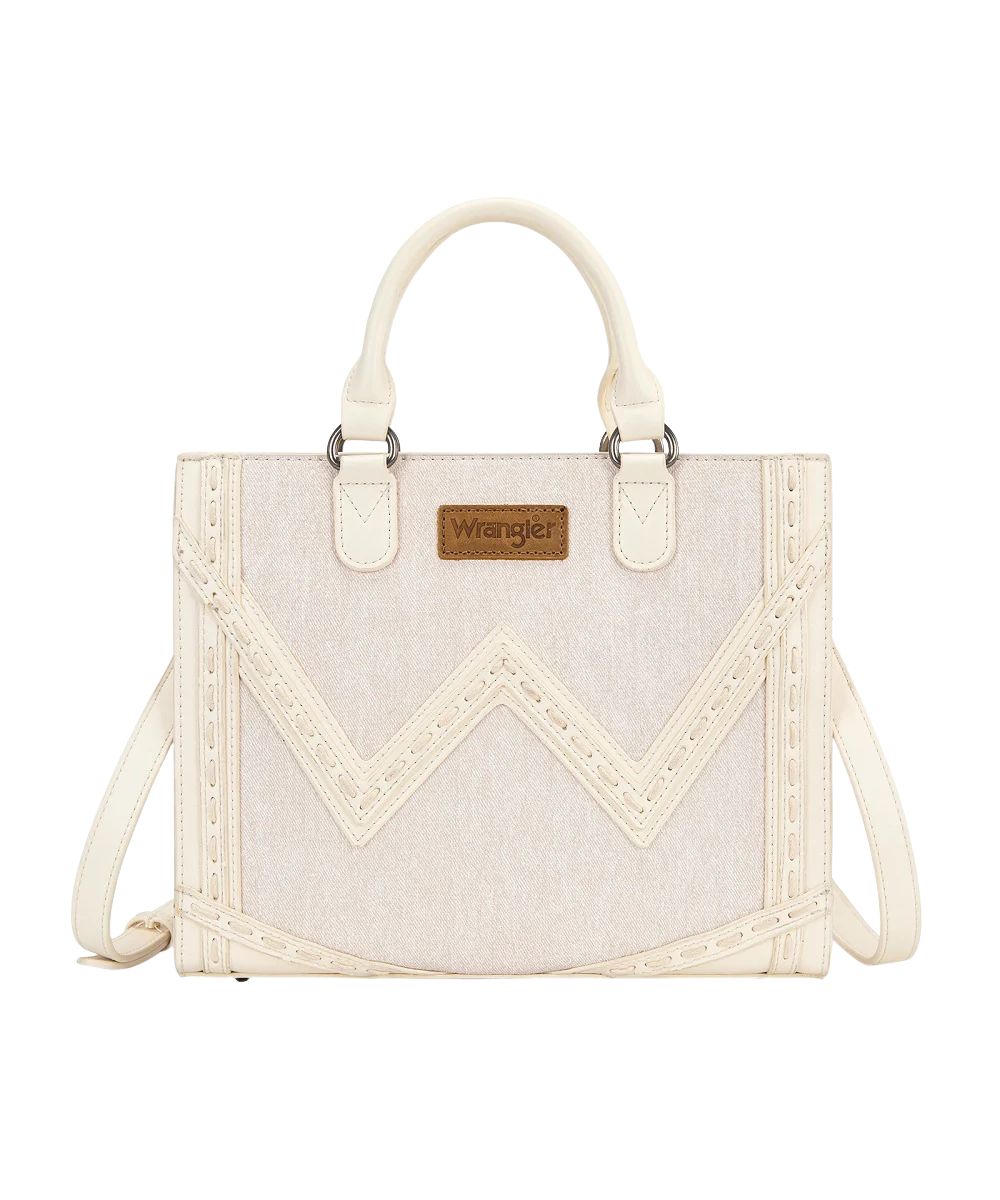 Front view of the women's tan faux leather and denim tote/crossbody bag featuring a chevron 'w' logo on the front