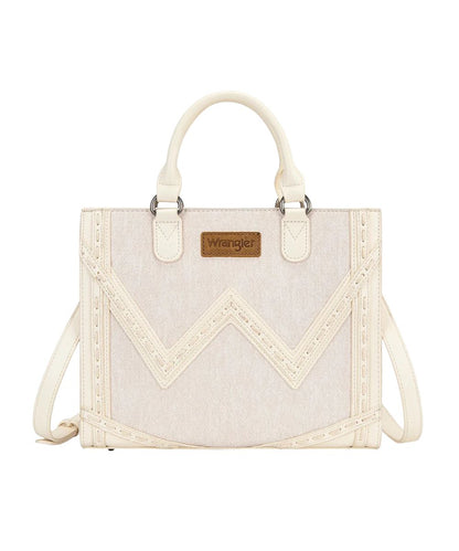 Front view of the women's tan faux leather and denim tote/crossbody bag featuring a chevron 'w' logo on the front