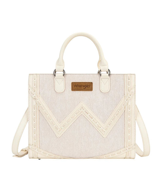 Front view of the women's tan faux leather and denim tote/crossbody bag featuring a chevron 'w' logo on the front