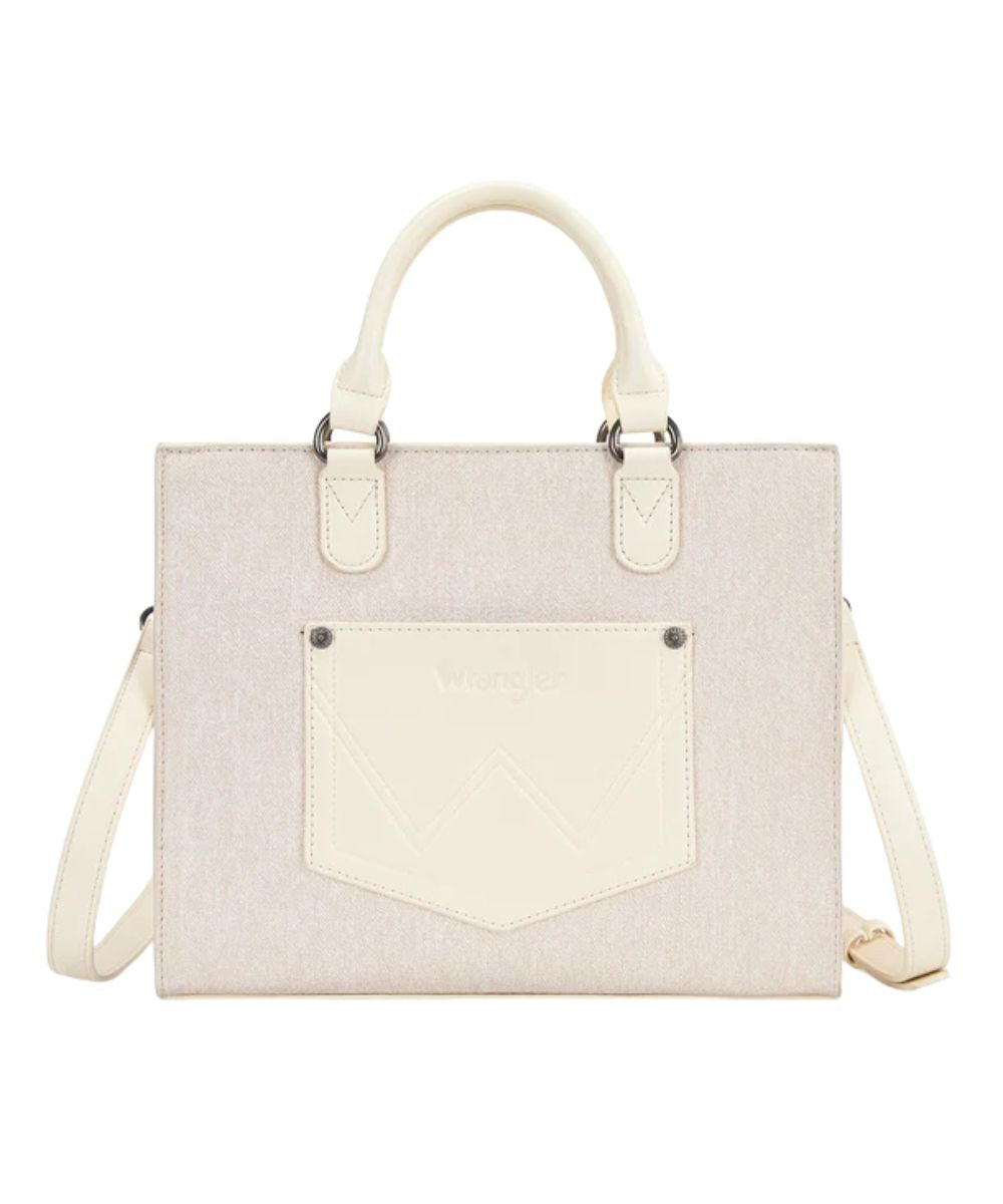 Back view of the women's tan denim tote bag featuring an open pocket on the back