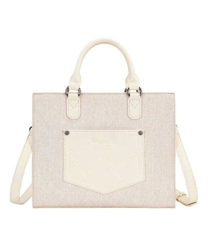Back view of the women's tan denim tote bag featuring an open pocket on the back