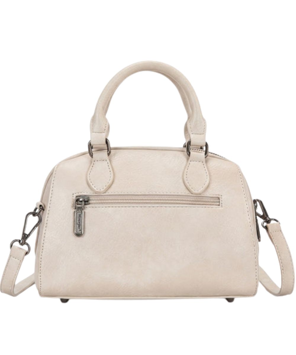 Back view of the women's tan faux leather purse featuring the exterior back zipper pocket