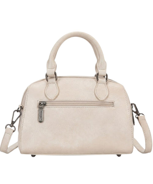 Back view of the women's tan faux leather purse featuring the exterior back zipper pocket
