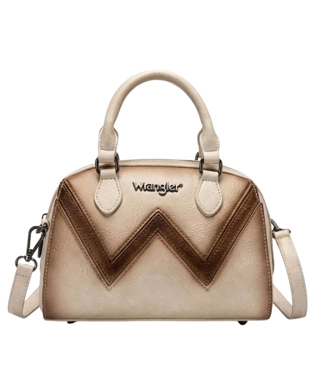 Front view of the women's tan Wrangler dome satchel purse featuring the chevron stitched detail, signature Wrangler branding, faux leather construction, top carry handles, metal feet on the bottom, and a removable/adjustable crossbody strap