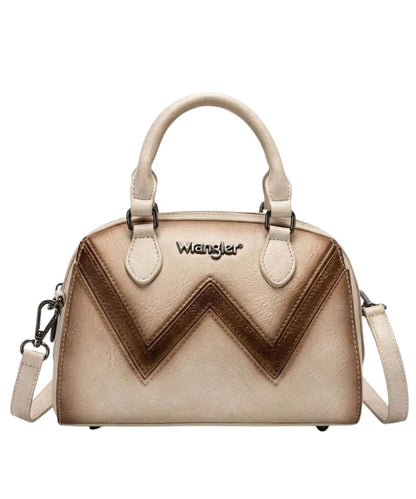 Front view of the women's tan Wrangler dome satchel purse featuring the chevron stitched detail, signature Wrangler branding, faux leather construction, top carry handles, metal feet on the bottom, and a removable/adjustable crossbody strap