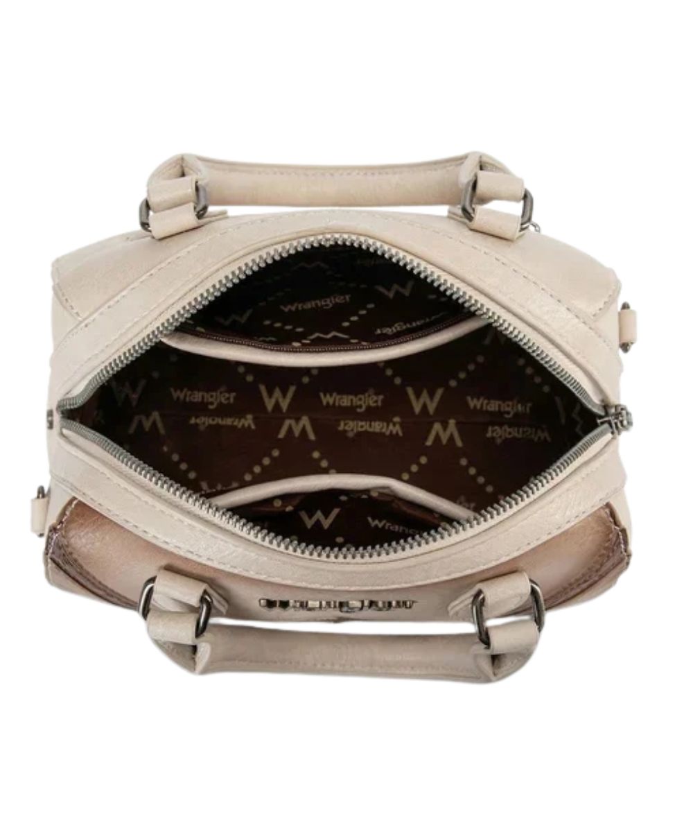 Interior view of the women's tan purse featuring the interior zip pocket and 2 slip pockets