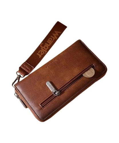 Back view of the women's brown faux leather wallet featuring the back zippered pocket and fixed wristlet strap