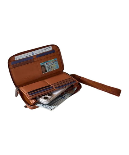 Interior view of the women's brown faux leather wallet featuring the multiple card and cash slots and an ID window